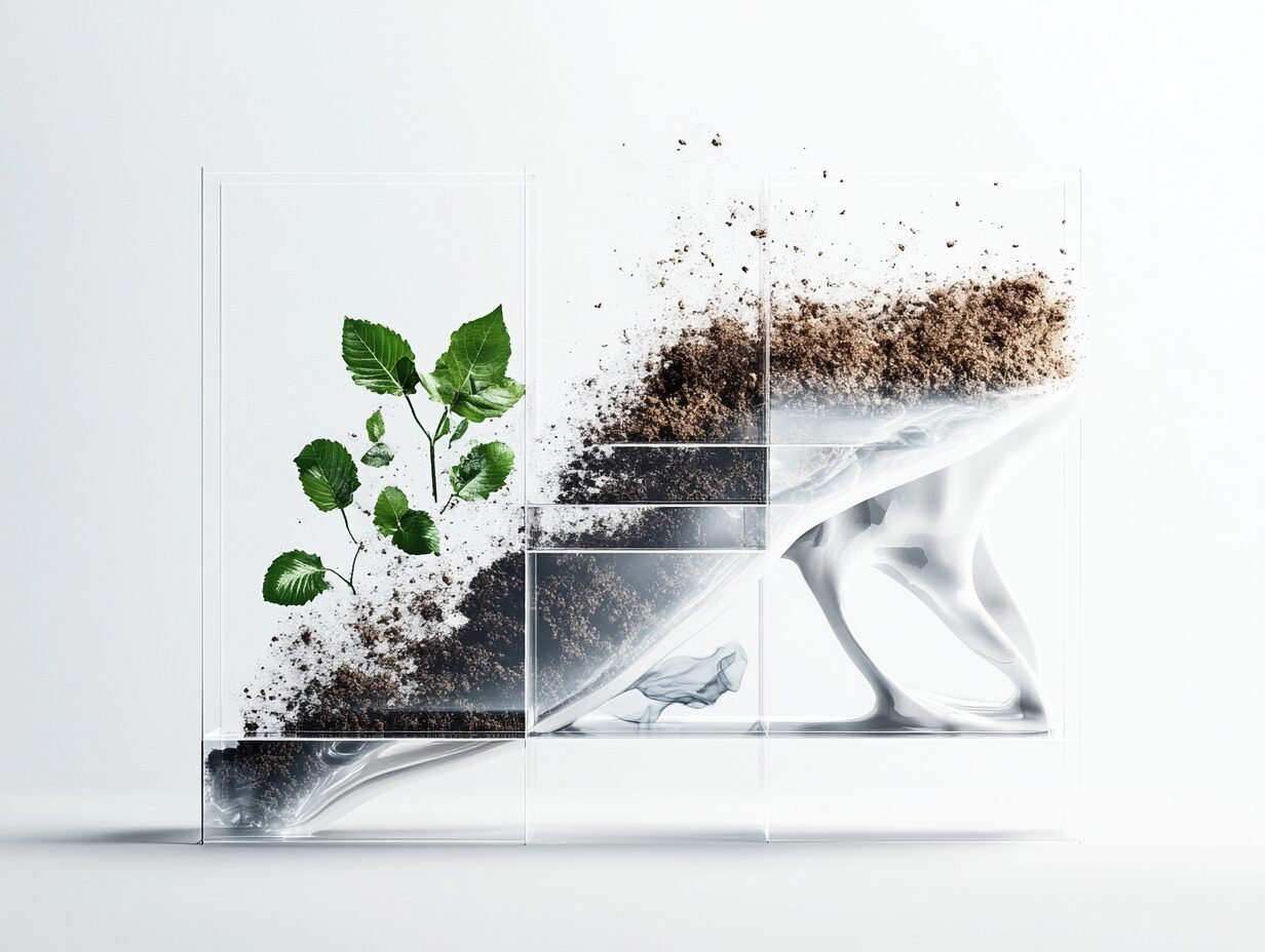 Leaves and soil dynamically flowing through transparent glass panels on white background.