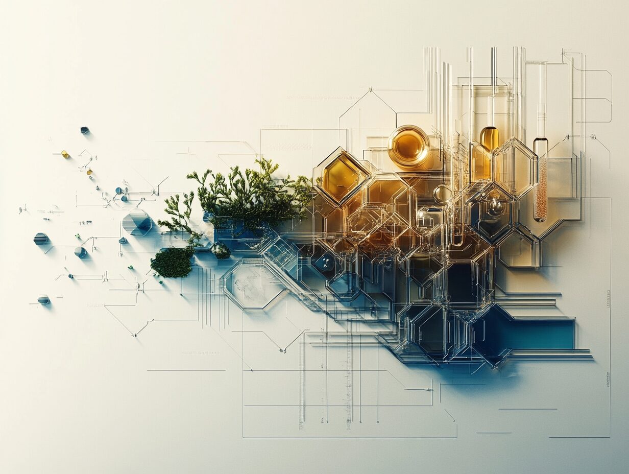 Glass hexagons filled with golden liquids and greenery in scientific abstract design.
