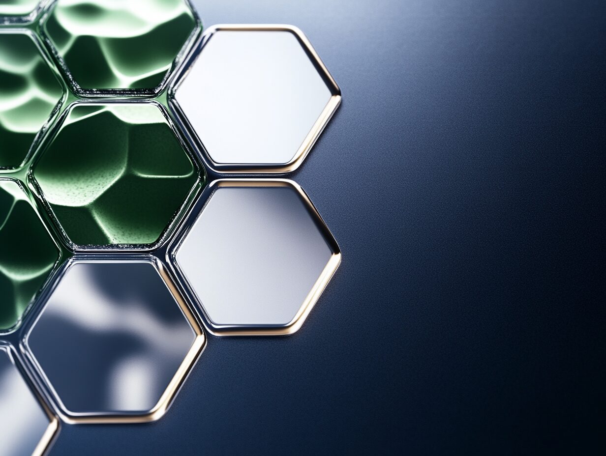 Close-up of glossy hexagonal tiles with green and reflective silver surfaces.