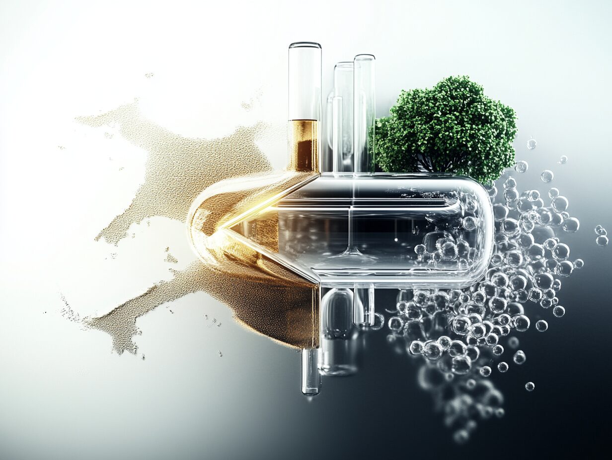 Scientific glass structure combining test tubes, liquids, and a small tree with bubbles.
