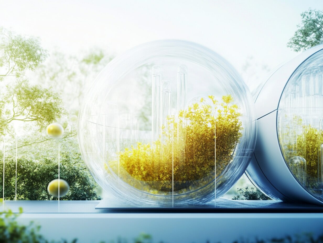 Yellow flowers and test tubes enclosed in large transparent scientific glass dome outdoors.