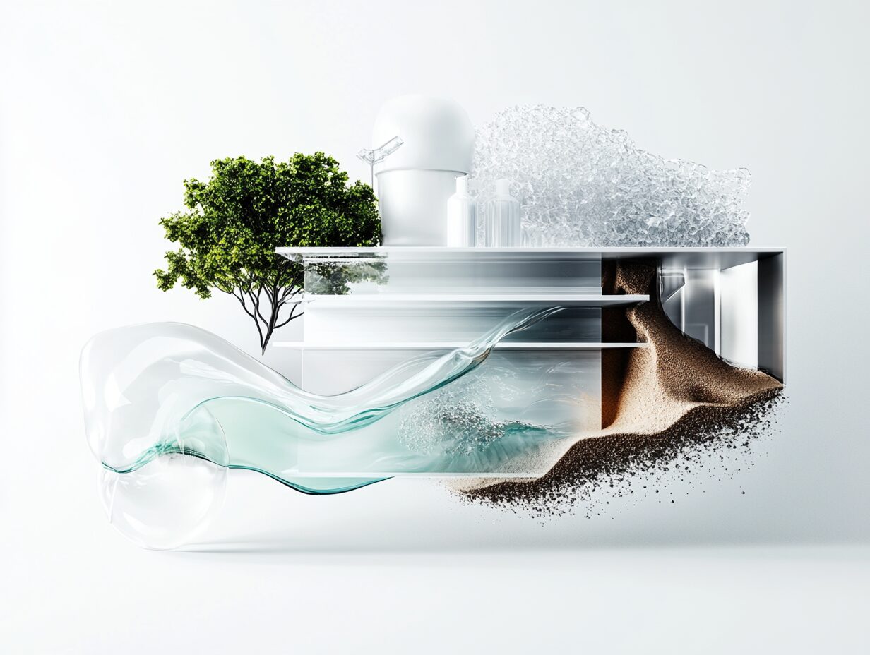 Abstract display of tree, glass, sand, and fluid elements representing sustainability.