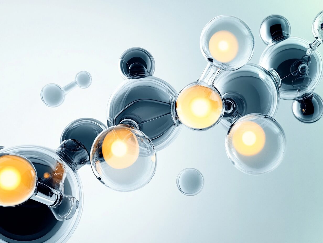 Abstract glowing molecular structure composed of transparent spheres and light sources.