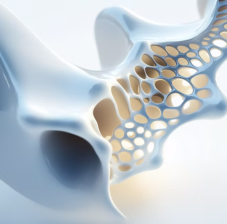 Close-up of a smooth, porous, bone-like white material under soft lighting.