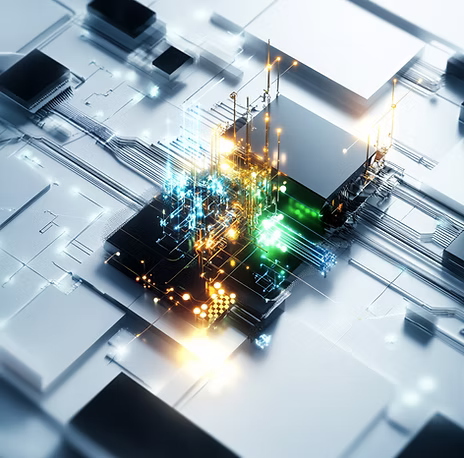 Digital visualization of glowing data streams over a microchip circuit board.