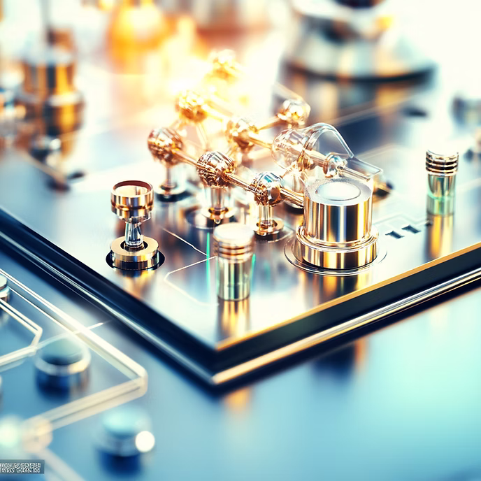 Close-up of golden molecular model and scientific equipment on a metallic surface.