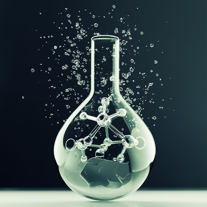Glass flask with floating molecular structure and bubbles in a dark background.