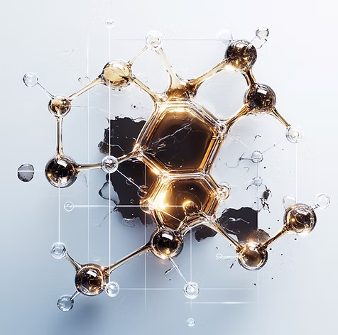 Golden molecular structure floating above a black liquid on a white background.