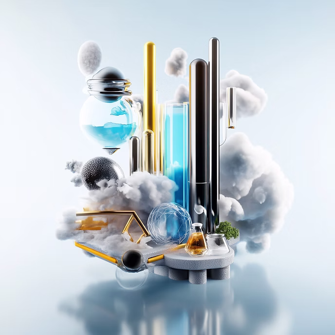 Surreal arrangement of glass tubes, flasks, and clouds in a futuristic scene.